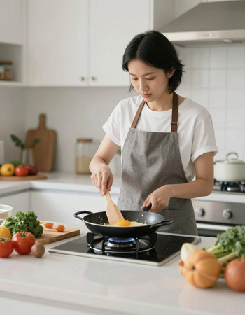 young asian woman cooking in the kitchen, healthy food concept.の写真素材