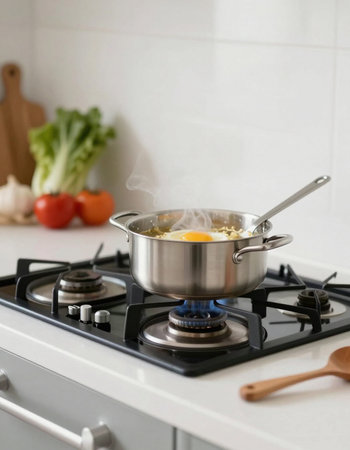 Cooking pot with fried egg on the gas stove in the kitchenの写真素材