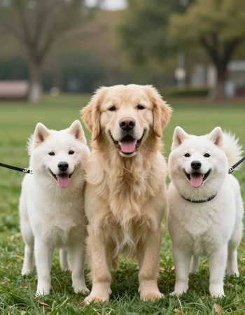 Three dogs of breed Golden Retriever and Samoyed in the park