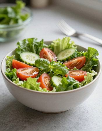 Fresh vegetable salad with tomatoes, cucumbers and lettuce in a bowlの写真素材