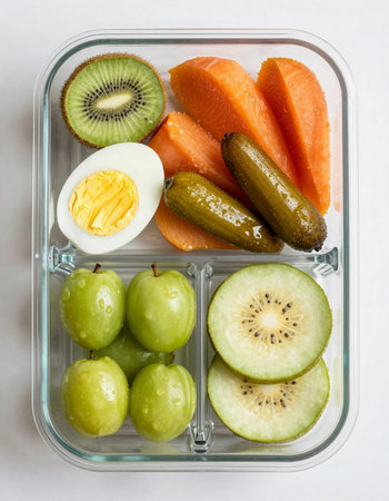 Healthy lunch box with fruit and vegetables isolated on white background.の写真素材
