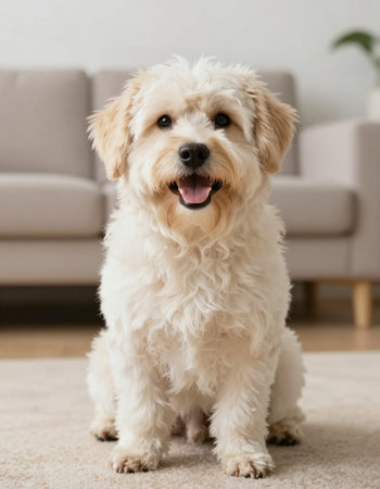 Cute dog sitting on carpet in living room. Pet care concept