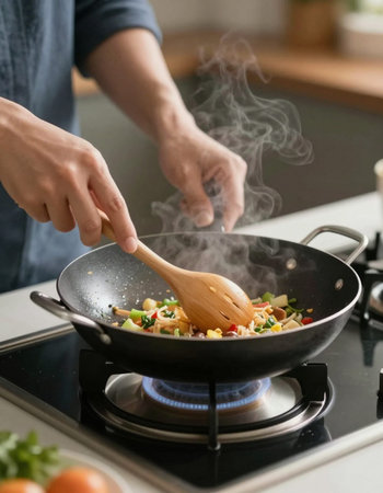 Man cooking stir fry vegetables in wok pan on stove at home