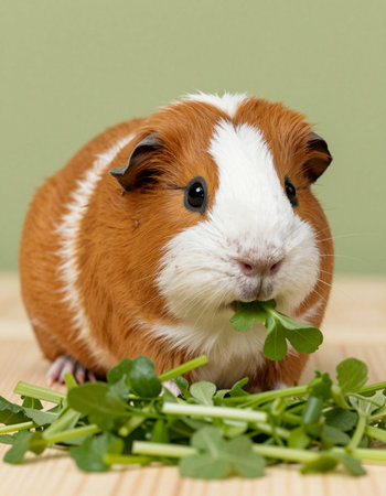 guinea pig with green salad on a wooden table against a green background