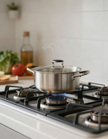 stainless steel cooking pot on a gas stove in the kitchen