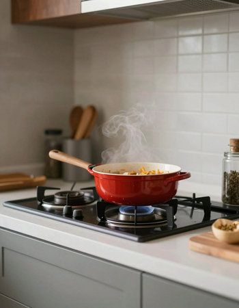Cooking pasta on a gas stove in a modern kitchen. Selective focus.