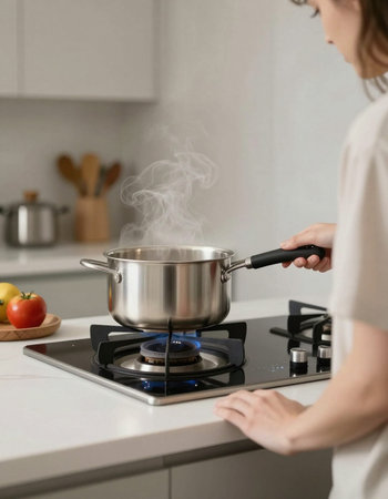 Young woman cooking soup in the kitchen at home. Healthy food conceptの写真素材