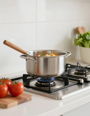 Pot with spaghetti on the gas stove in the kitchen at home.の写真素材