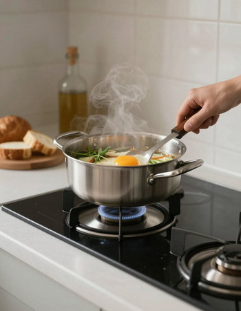 Woman cooking soup in pot on gas stove in kitchen, closeupの写真素材