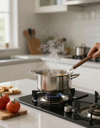 Man cooking soup on gas stove in kitchen at home, closeup
