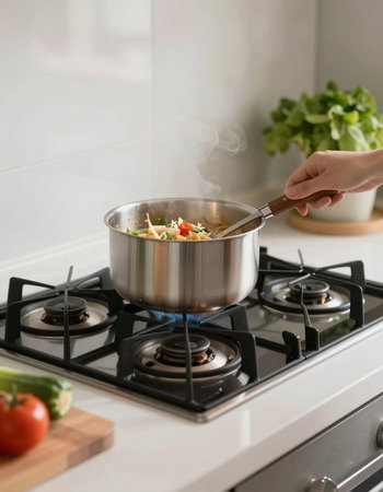 cropped shot of woman cooking vegetable soup in pot on gas stove