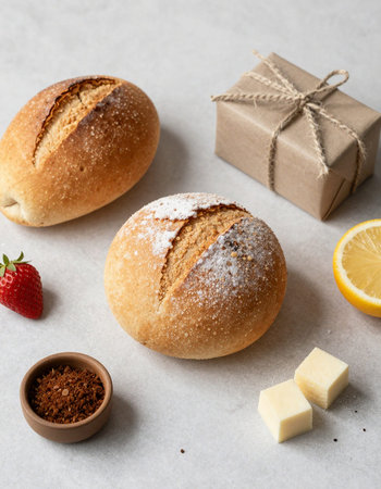 Bread rolls with butter, sugar and strawberries on white background.