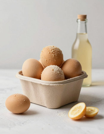 Eggs in a paper container and a bottle of oil on a light backgroundの写真素材