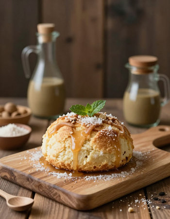 Homemade bundt cake with caramel and nuts on a wooden board