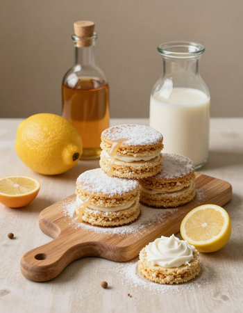 Lemon macaroons on wooden cutting board with lemons and milkの写真素材