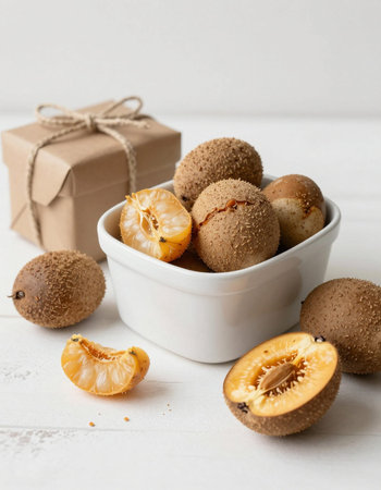 Kiwi fruit in a white bowl on a white wooden backgroundの写真素材