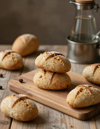 Homemade bread on a wooden board. Rustic style, selective focus.の写真素材