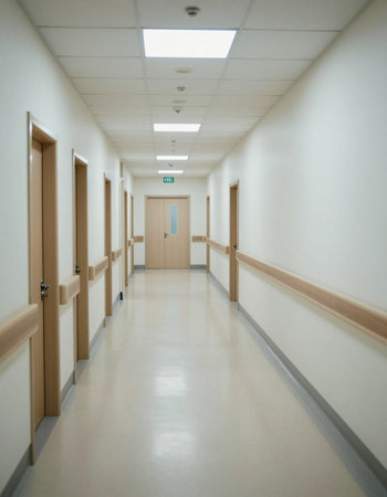 Interior of a hospital corridor with white walls and wooden doors.の写真素材