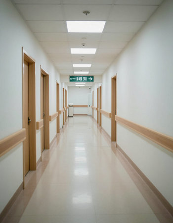 Interior of a hospital corridor with white walls and long corridor.