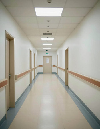 Interior of a corridor with white walls and wooden doors.の写真素材