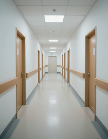 Interior of a hospital corridor with white walls and wooden doors.