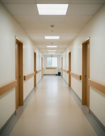 Interior of a hospital corridor with white walls and wooden doors.