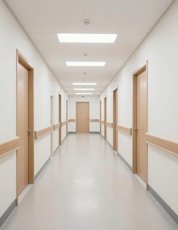 interior of a hospital corridor with white walls and wooden doors, nobody insideの写真素材