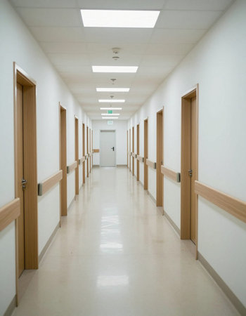 Interior of a corridor in a hospital with white walls and wooden doors