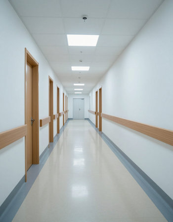 Interior of a hospital corridor with white walls and wooden doors.の写真素材