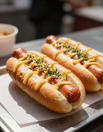 Hot dogs with mustard and ketchup on a tray in a restaurantの写真素材