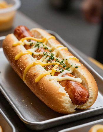 Delicious hot dog with mustard and ketchup on a plate.の写真素材