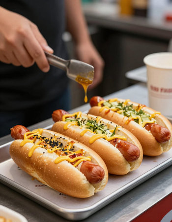 Delicious hot dogs with mustard and ketchup in a fast food restaurant