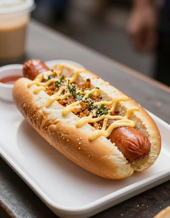 Hot dog with mustard and mayonnaise on white plateの写真素材