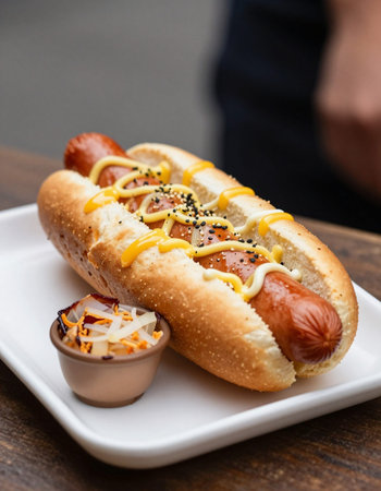 Hot dog with mustard and ketchup on a wooden table in a restaurant