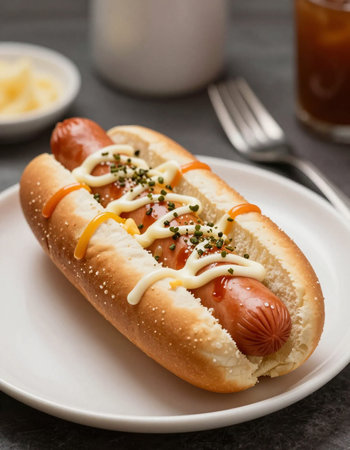 Grilled hot dogs with mustard and mayonnaise on a plateの写真素材