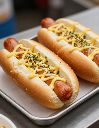 Hot dogs with mustard and mayonnaise on a baking sheet.の写真素材