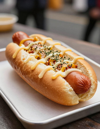 Hot dog with mustard and ketchup on white plate