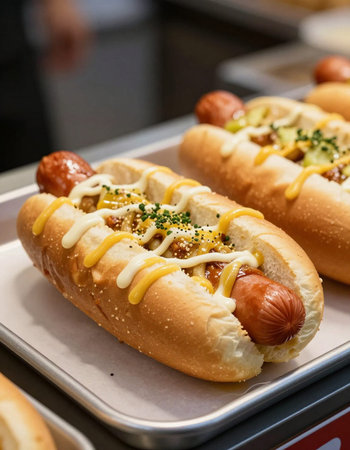Hot dog with mustard and ketchup on display in a fast food restaurantの写真素材