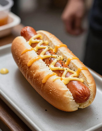 Hot dog with mustard and mayonnaise on white plateの写真素材