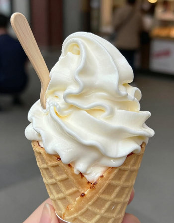 ice cream cone with a wooden spoon in hand, close-up