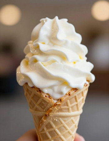 Ice cream cone with whipped cream in hand, close-up.の写真素材