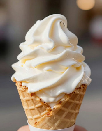 Ice cream in waffle cone on blurred background, close-upの写真素材