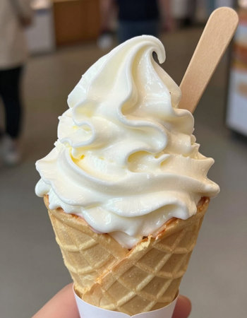 Ice cream in waffle cone with wooden stick in hand, close up