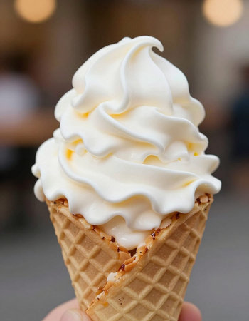 Ice cream cone with whipped cream in hand, close-up.