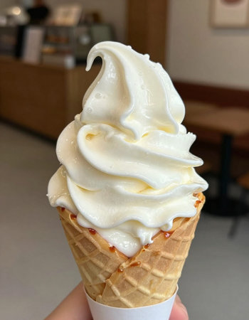 Ice cream in a waffle cone on the background of a cafe