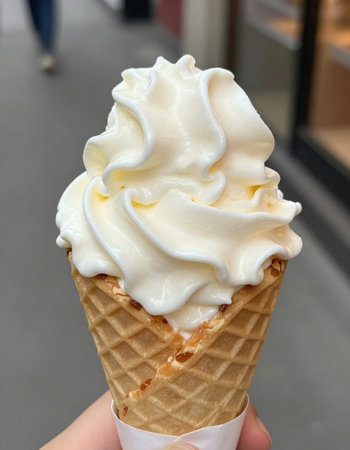 Ice cream in waffle cone on the background of the window.の写真素材