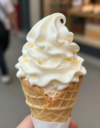 Ice cream cone with whipped cream in the hand of a child.