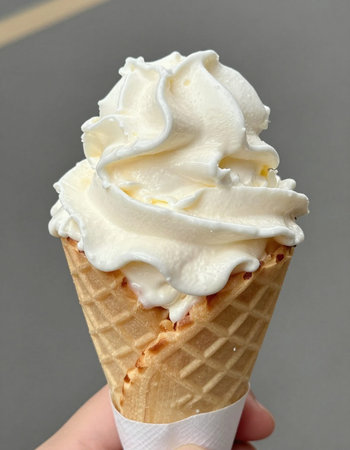 ice cream cone with whipped cream in hand on gray background close upの写真素材