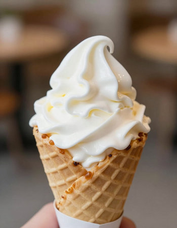 Vanilla ice cream in a waffle cone with whipped cream.