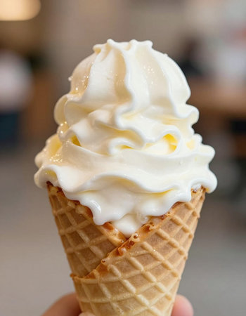 Ice cream in a waffle cone with whipped cream on top.